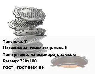 Люк чугунный Т канализационный на шарнире, с замком 750х100 ГОСТ: ГОСТ 3634-89